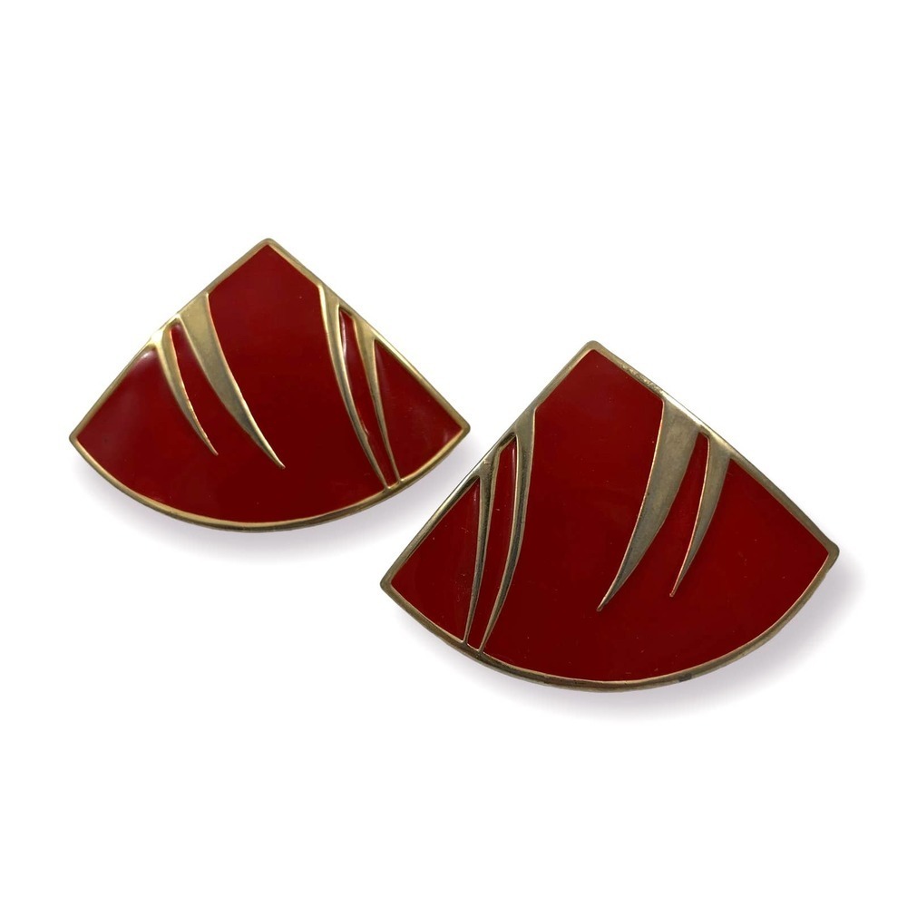 Vintage large red and gold enamel triangle earrings
